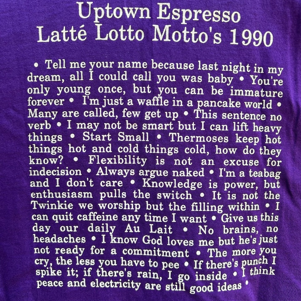 Graphic T-Shirt Purple Seattle Uptown Espresso Latte Lotto Motto, Size L, Vtg